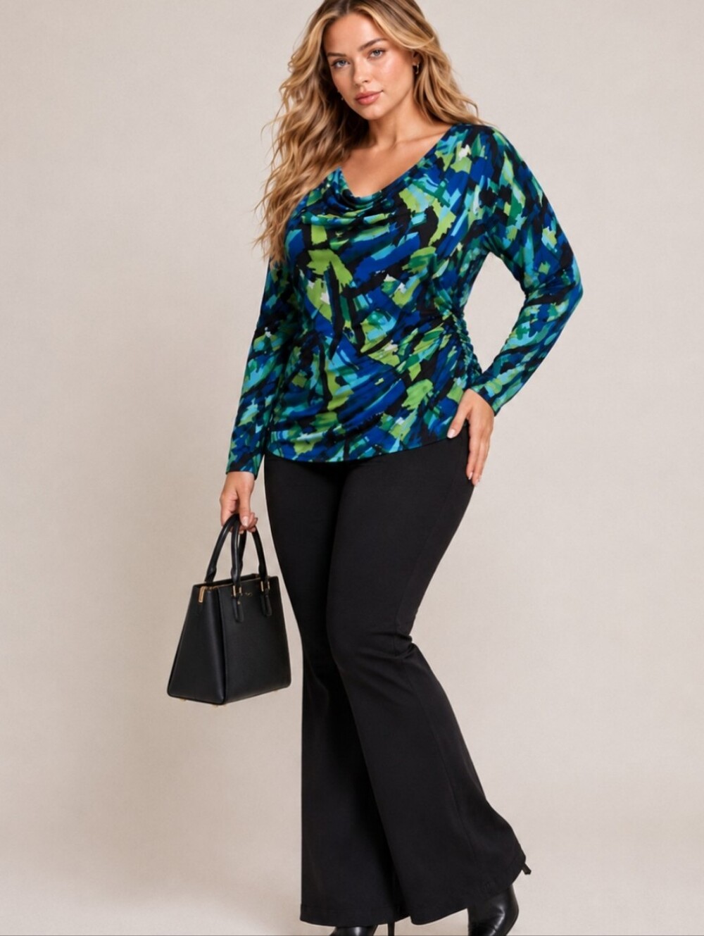 Bianca Nygård Abstract Print Cowl Neck Stretch Top Size 16 Blue Green Black Long
